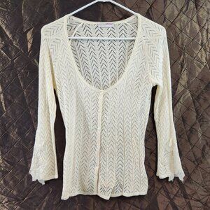 Divina Italy Cream Chevron Knit Pattern Light Cardigan w/ Lace Sleeves